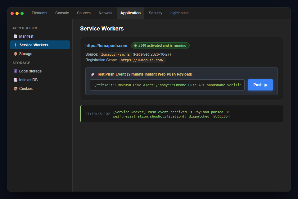 Testing Web Push Notifications in Chrome DevTools Application Panel