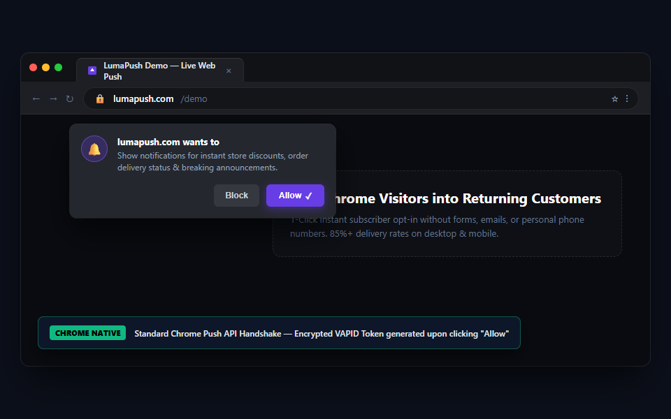 Chrome Web Push Notification Opt-in Permission Prompt