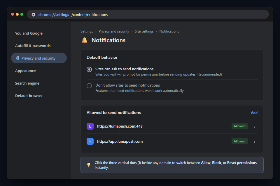 Chrome Settings Content Notifications Management Screen